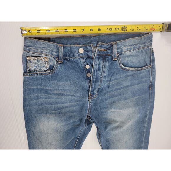 mnml Paisley Print‎ Blue Denim Mens 32 Slim Straight Western Jeans - Picture 7 of 8